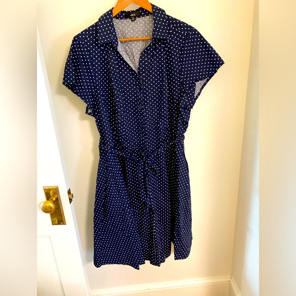 ellos Navy and White Polka Dot Fit & Flare Button-Down Shirtdress Cap Sleeve 1X